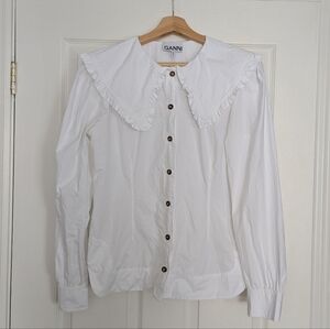 Ganni White Button-Down Shirt with Ruffled Collar